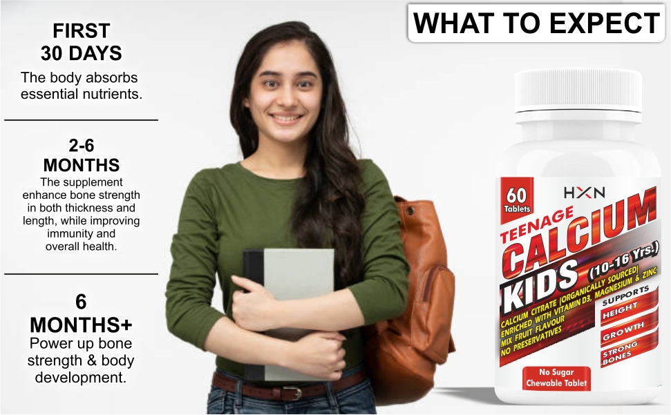 HXN Calcium For Kids With Vitamin D3, Magnesium, Zinc, Vitamin B12, Multivitamin Supplements for Teenager Kids Strong Bones Health | Teeth | Growth | Sugar Free -60 Chewable Tablets (10-16 years)