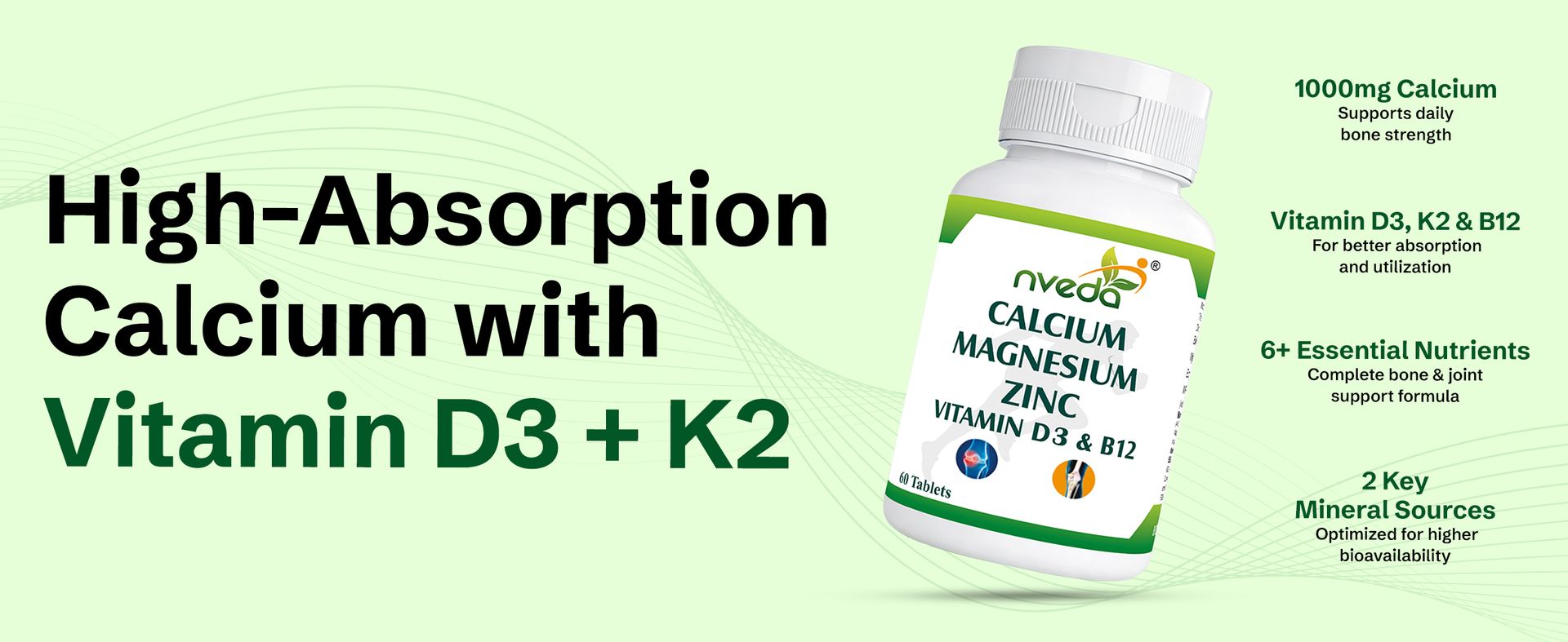 Nveda Calcium 1000mg with Vitamin D3, Magnesium, Zinc, Vitamin K2 & B12 | Bone Strength, Joint Support & Immunity Booster for Men & Women | 60 Vegetarian Tablets