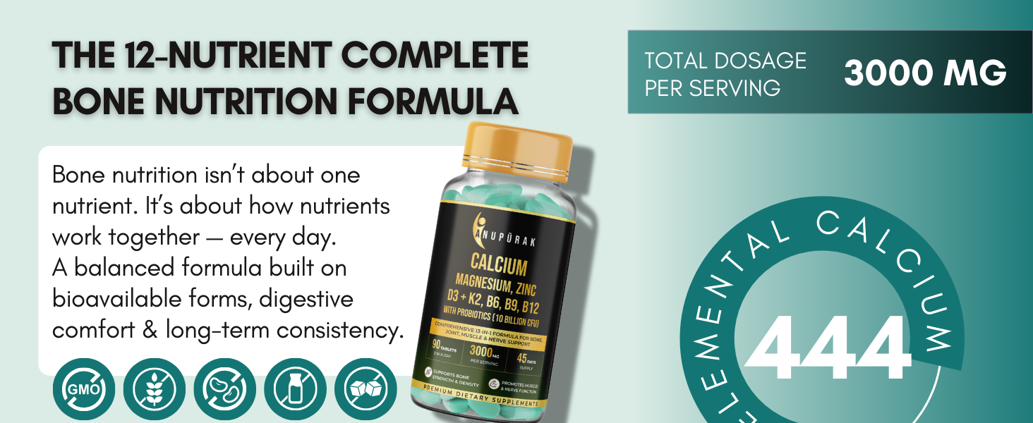 Calcium and Vitamin D3 Tablets | 15 Actives: Calcium Magnesium Zinc with K2 MK-7 & Probiotics | Gentle on Stomach · High Absorption | Bone Health Supplement | 90 Veg Tablets (45 Days)