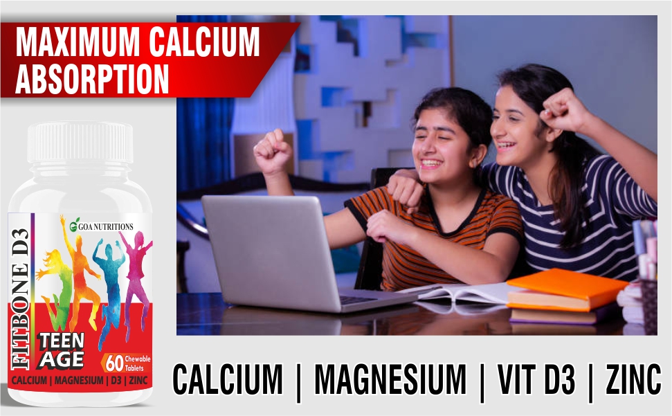calcium and vitamin-d3 tablets for kids - magnesium & zinc supplements multivitamin for kid strong bones, immunity, height-120 chewable bone vitamins tablets 10-16 years