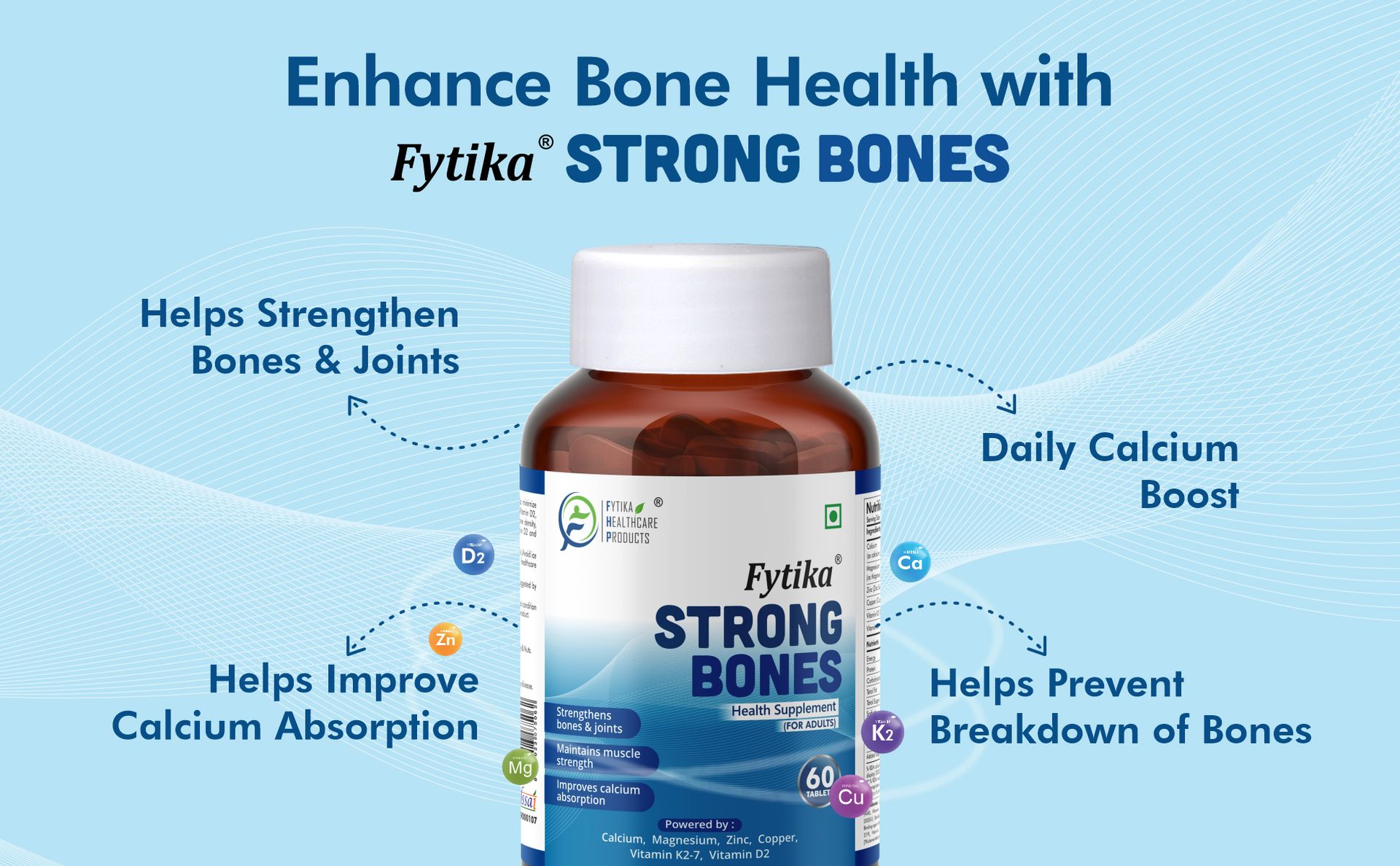 Fytika Strong Bones (Pack of 2) - 120 TABS | Calcium 1000mg + Vitamin D3 400IU Supplement with Magnesium, Zinc,Coper & Vitamin K2 for Complete Bone, Joint & Muscle Health - Women and Men