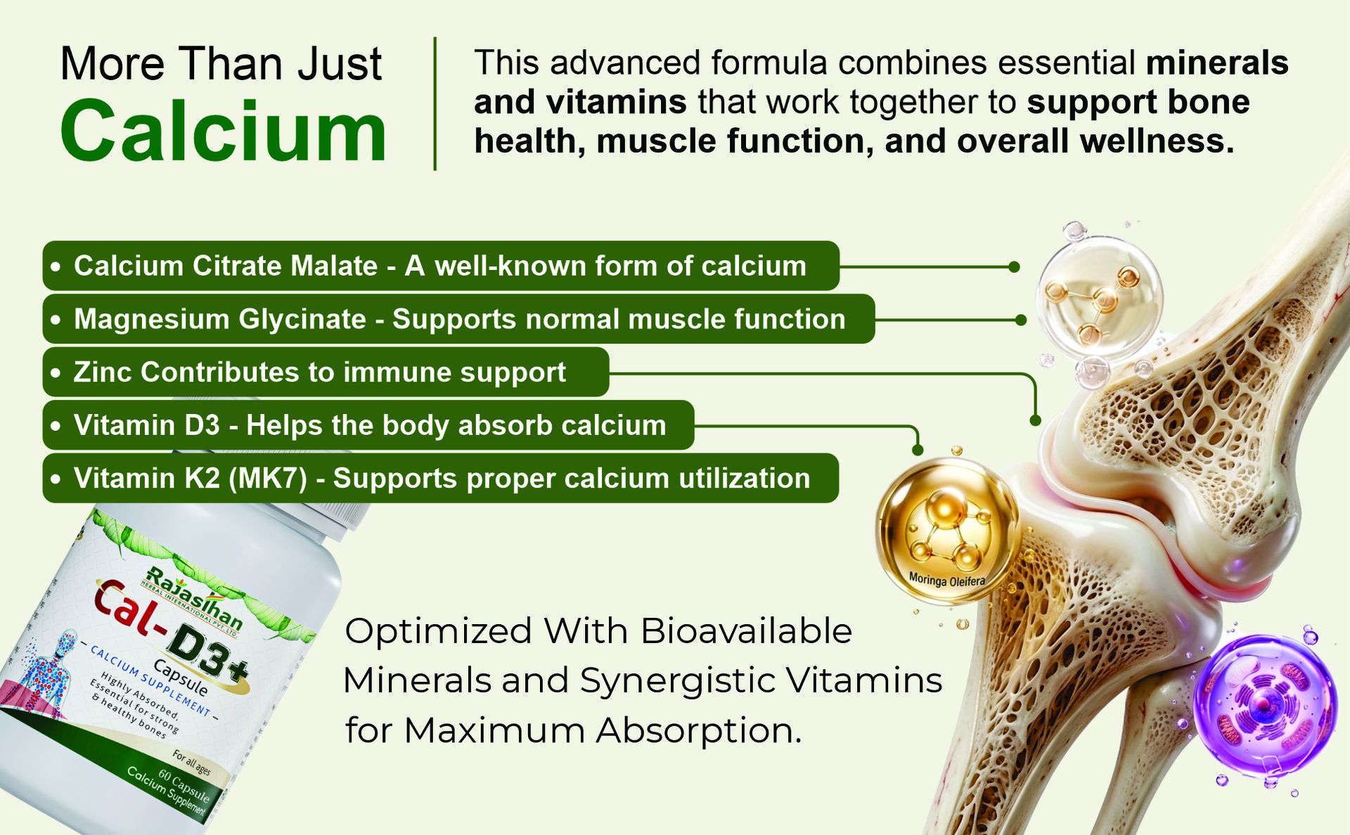 Cal-D3+ Capsules by Rajasthan Aushdhalaya | Calcium Supplement | Essential for Strong & Healthy bones | 60 Capsules