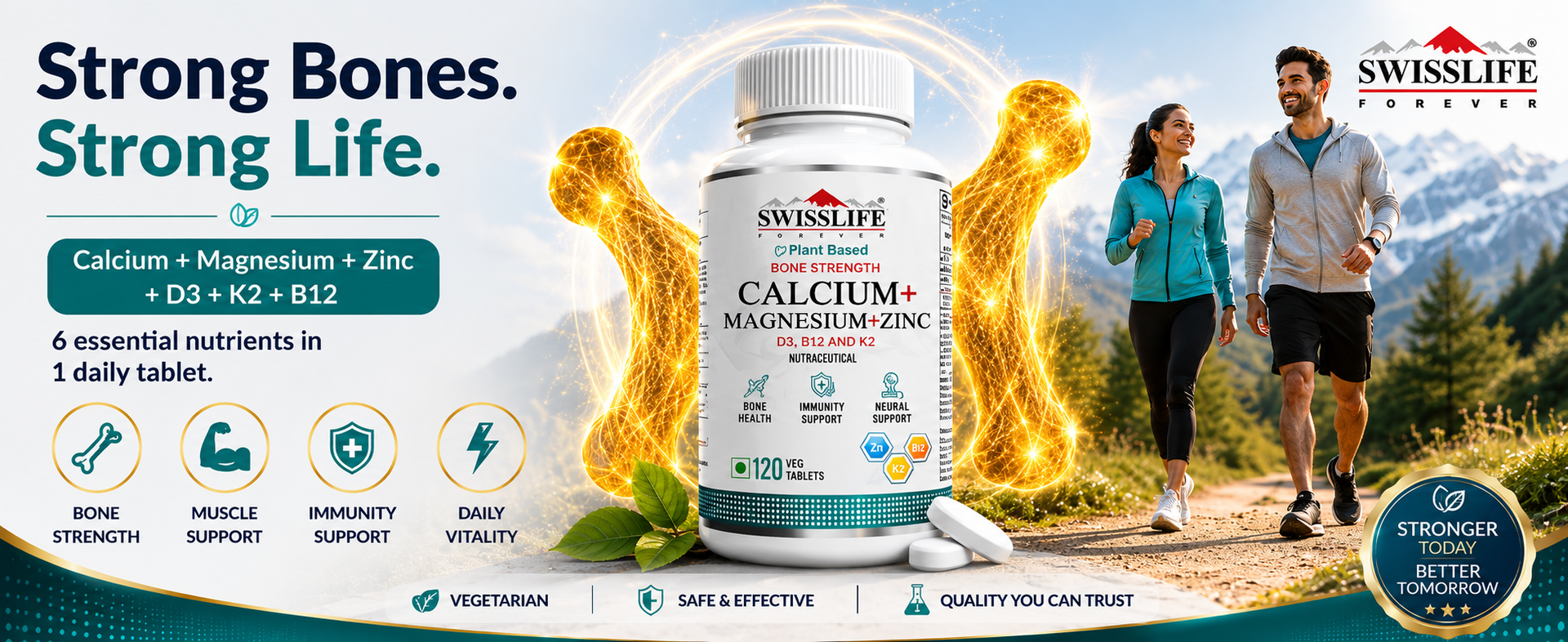 SWISSLIFE FOREVER Calcium Magnesium Zinc with Vitamin D3, K2 MK7 & B12 | Bone Strength, Immunity & Nerve Health Support | Calcium Supplement for Men & Women | 60 Tablets