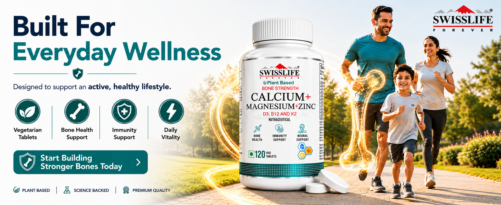 SWISSLIFE FOREVER Calcium Magnesium Zinc with Vitamin D3, K2 MK7 & B12 | Bone Strength, Immunity & Nerve Health Support | Calcium Supplement for Men & Women | 60 Tablets