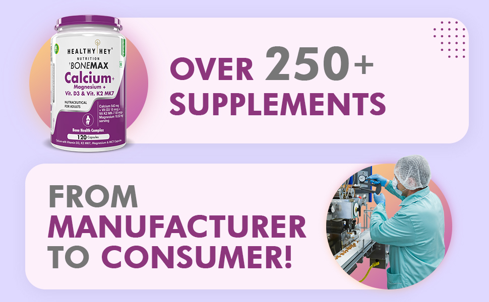 HealthyHey Nutrition BoneMax Calcium, D3, K2 & Mg | 100% Vegetarian | Calcium, Vitamin D3 & K2-MK7 and Magnesium - Benefits Bone Health & Joint Support (120 Capsules)