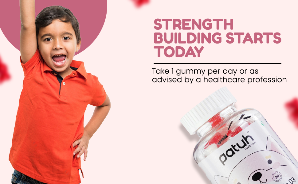 Calcium and Vitamin D3 Gummies for kids (4 years+) | 30 Day Pack | Calcium and D3 Gummies for Kids | 100% Vegetarian, Natural Strawberry flavour
