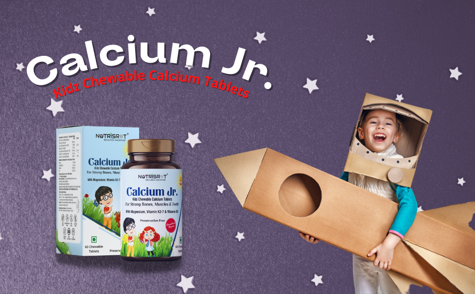 Calcium Jr. Chewable Calcium Tablets for Kids | Strong & Healthy Bones Strength, Muscles, Teeth & Nails with Magnesium, Vitamin K2-7 & Vitamin D3 (60 chewable tabs in Strawberry Flavour)