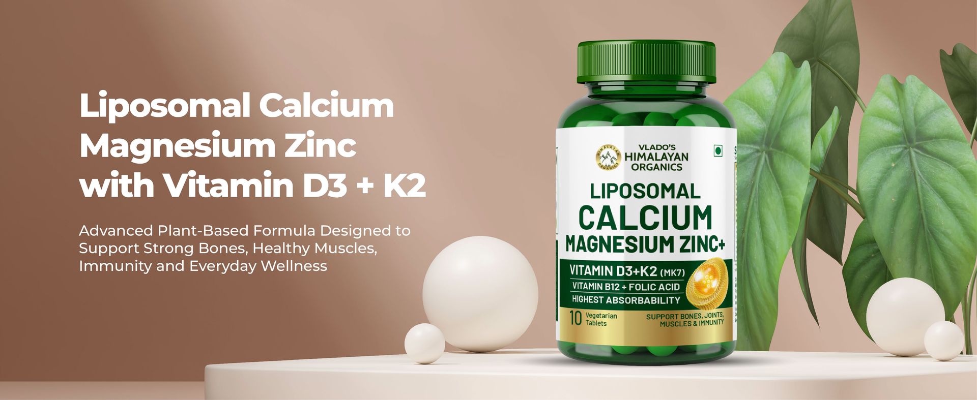 Vlado’s Himalayan Organics Plant Based Calcium Magnesium + Zinc | Vitamin D3+k2 Supplement For Stronger Bones | Boost Immunity | Healthy Heart | Muscle Growth - 60 Veg Tablets
