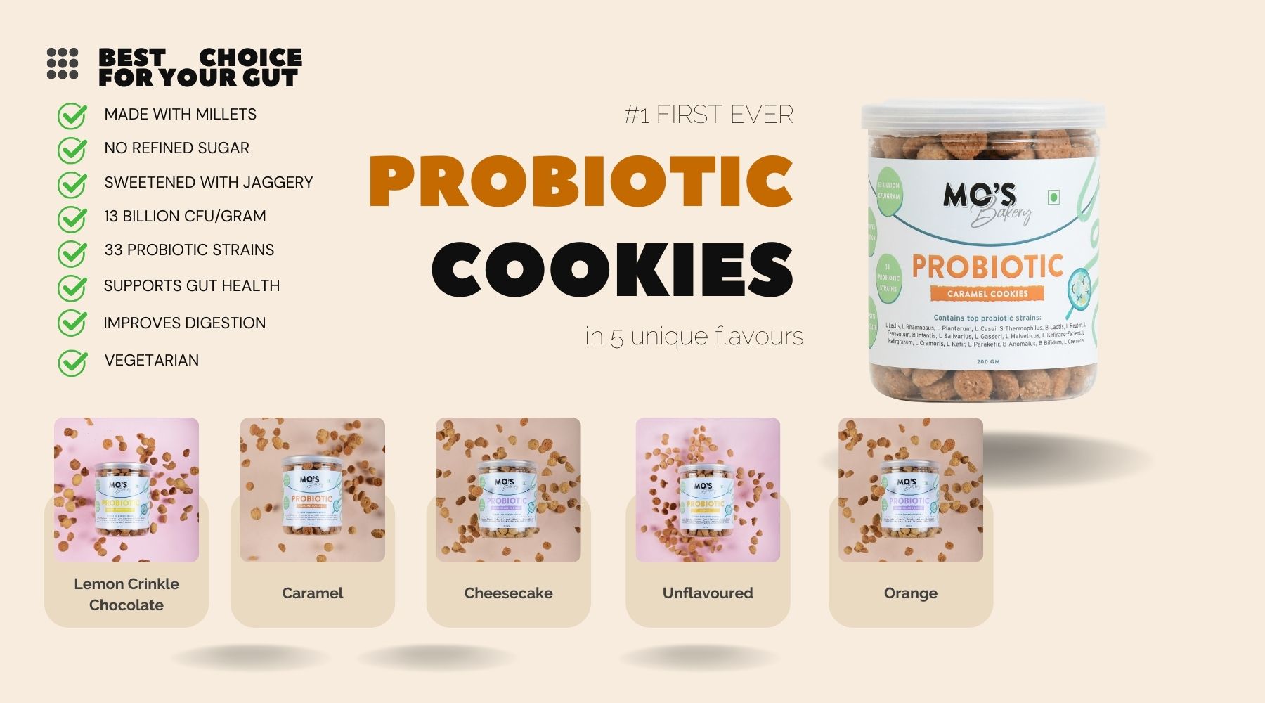 Mo's Probiotic Cookies, 200 G | Lemon Crinkle Cookies | Probiotic Supplement With 13 Billion CFU | 33 Probiotic Strains | Improve Digestion & Gut Health | Probiotics for Women | Snack Supplement
