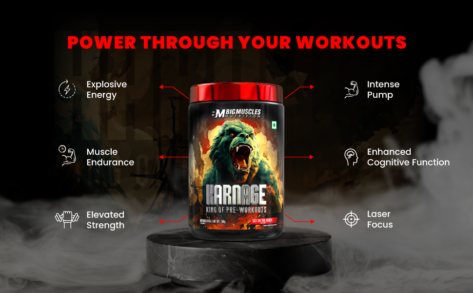 Bigmuscles Nutrition Karnage Pre workout [60 Servings, Arctic Blast] | Pre-workout Supplement Supports to Improve Focus, Strength, Energy and Pump, Banned Substance Tested, Dope Free, 300g