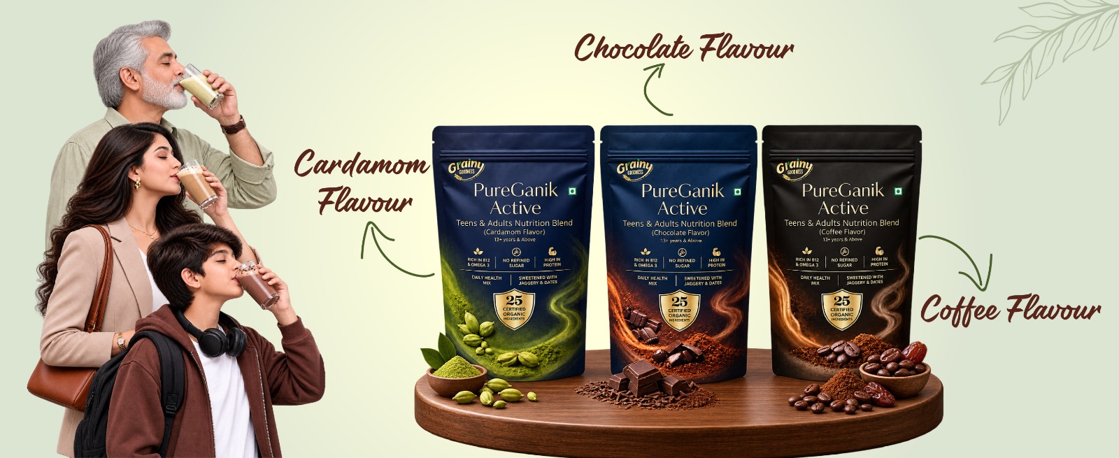 PureGanik Active Teens & Adult | 25 Organic Ingredients | Chocolate Flavor Nutrition Powder | No Refined Sugar | High Protein | Daily Nutrition | Easy to Digest | 400 gm