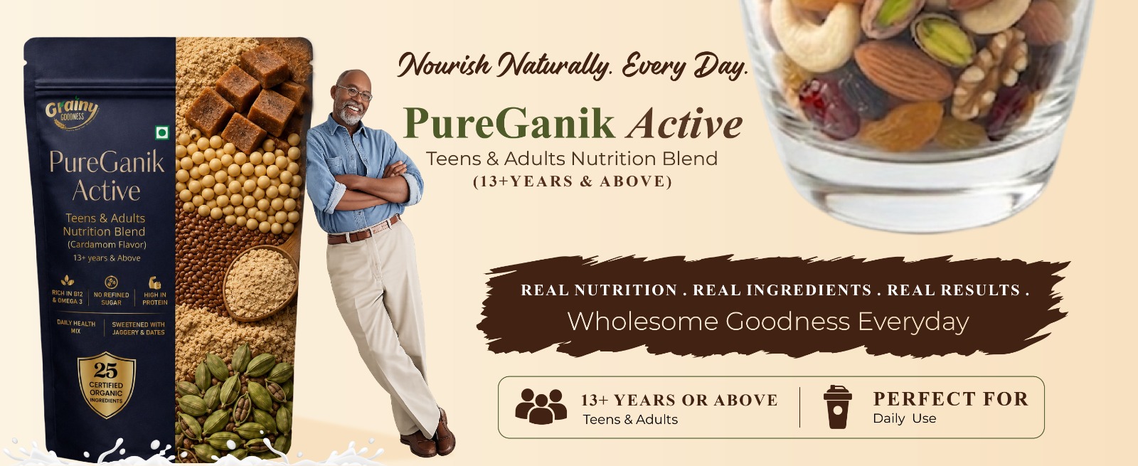 PureGanik Active Teens & Adult | 25 Organic Ingredients | Cardamom Flavor Nutrition Powder | No Refined Sugar | High Protein | Daily Nutrition | Easy to Digest | 400 gm