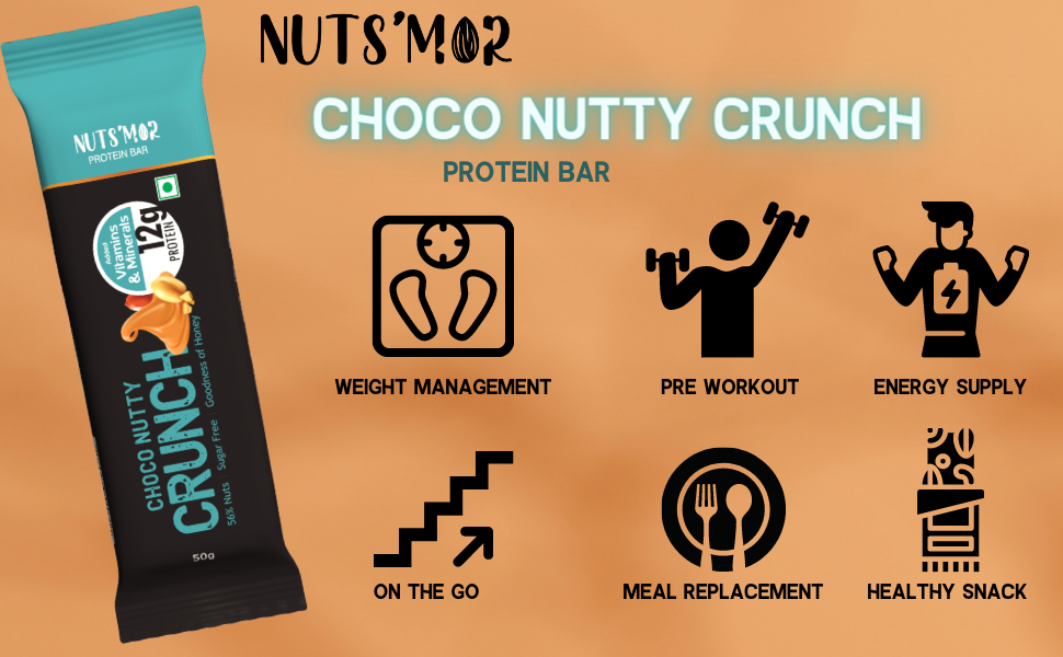 NUTS'MOR - Protein Daily Choco Nutty Crunch12g Protein Bar (Pack of 6) Protein Blend, Vitamins, Fibres & Minerals, No Preservatives,100% Veg, Natural, No Added Sugar,-300g