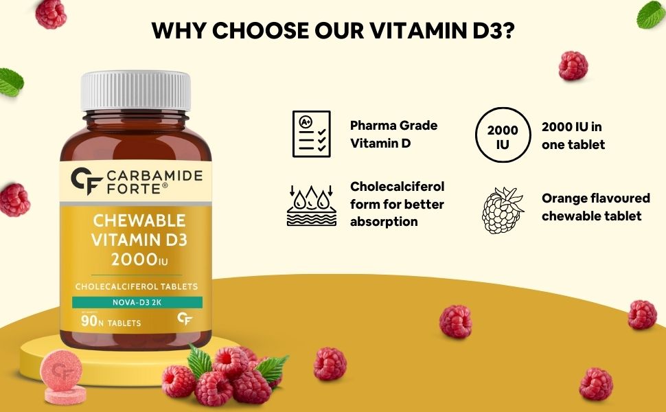 Carbamide Forte Vitamin D3 2000IU | Vitamin D3 Supplements For Men & Women - Cholecalciferol Tablets | Vitamin D Tablets For Bones & Immune Health | Raspberry Flavoured - 90 Tablets