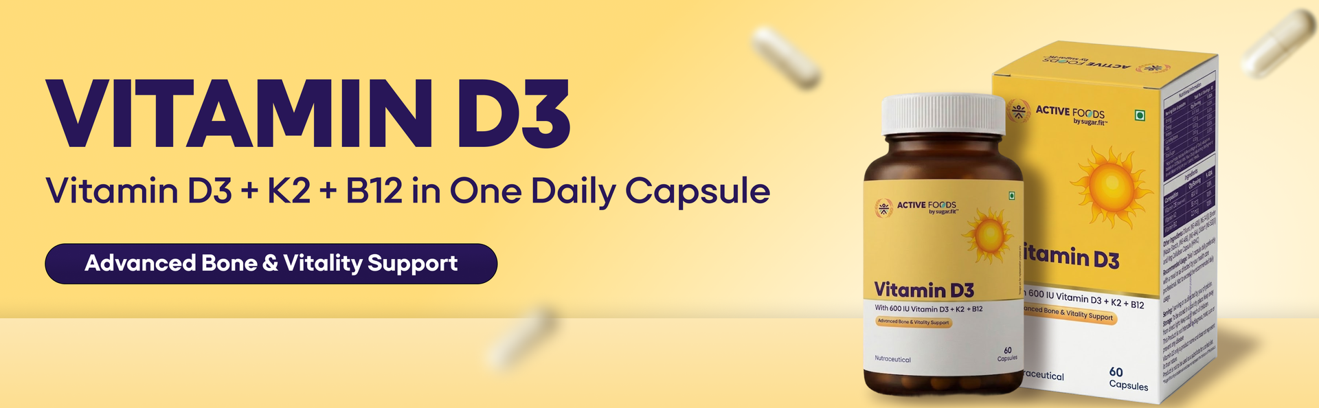 Sugar.fit Vitamin D3 K2 Supplement with Vitamin B12 | For Bone, Immunity, Energy & Calcium Utilisation Support | Daily Vitamin D Supplement, 100% RDA, 60 Veg Capsules