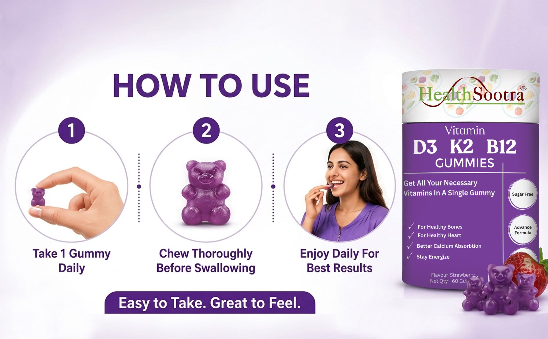 Vitamin D3 K2 B12 Gummies | 60 Gummies | Strawberry Flavour | Sugar Free Vitamin | Daily Wellness with Vitamin D, Vitamin K2 & Vitamin B12 supplements for Bone Health