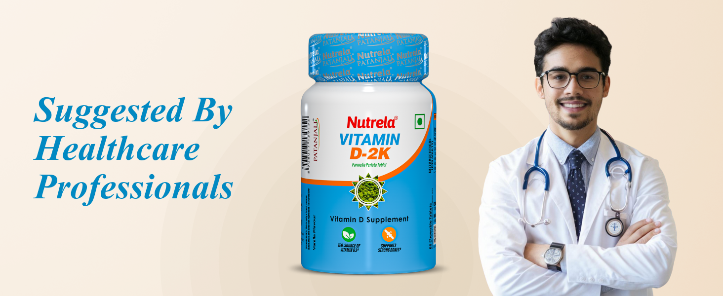 Nutrela Vitamin D-2K – 60 Chewable Tablets | Natural Vitamin D3 from Parmelia Perlata (Lichen) | Vanilla Flavour | Pack of 1