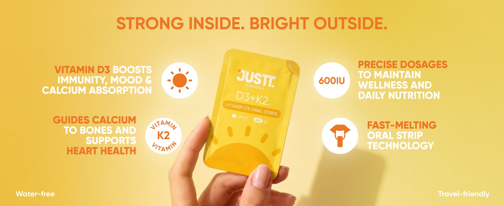 Justt Essentials D3+K2 Vitamin D3 Oral Strips (Pack of 2), 600 IU, Orange Burst Flavour, Fast Dissolving, Sugar-Free, 60 Strips