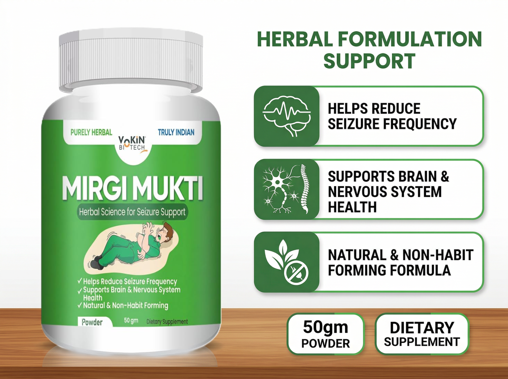 Vokin Biotech Mirgi Mukti Herbal Powder 50 gm | Brain & Nervous System Support Supplement | Purely Herbal Formula | Non-Habit Forming | Powder Form