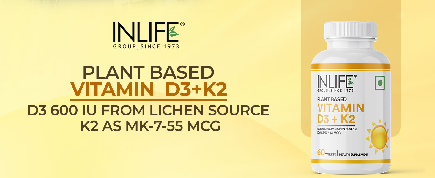 INLIFE Vitamin D3 K2 Supplement, 600 IU D3 K2 MK7 55 mcg, 60 Tablets