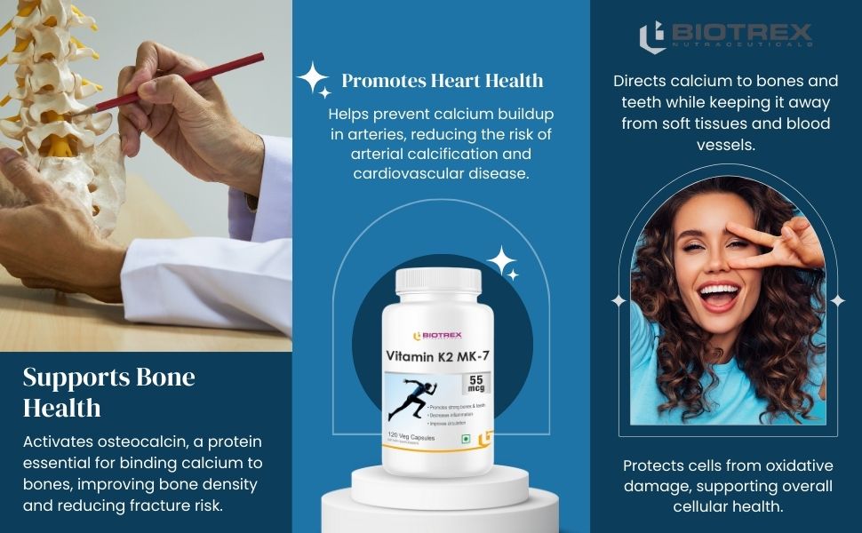 Biotrex Nutraceuticals Vitamin K2 MK-7 (Vegetarian Source) 55mcg | Bioactive Menaquinone-7 | Bone Health & Calcium Metabolism | High Absorption Formula | 120 Veg Capsules