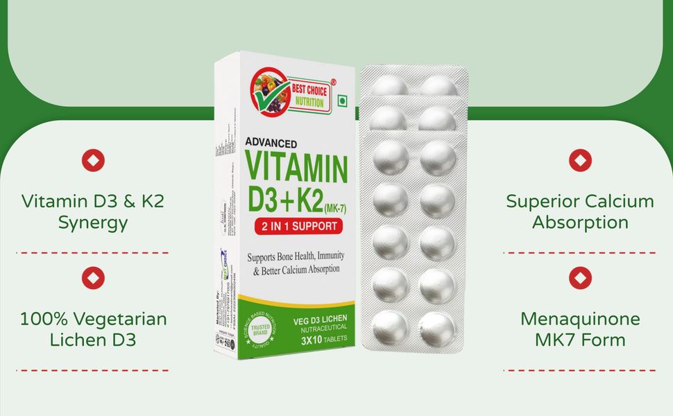 Vitamin D3 K2 Supplement | Vitamin K2 MK7 To Support Bone & Heart Health | Veg D3 - Lichen (30 Tablets)