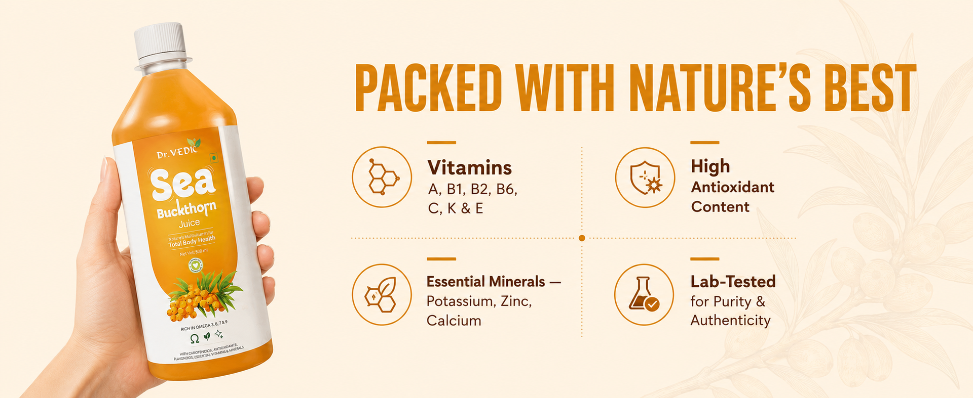 Dr. Vedic Himalayan Sea Buckthorn (Leh Berries) Pulp 500ml | Cold-Pressed Pulp Concentrate | No Added Sugar | Natural Vitamin C & Omega 3-6-7-9 | Supports Immunity, Skin Radiance & Gut Health | Herbal Superfruit Supplement
