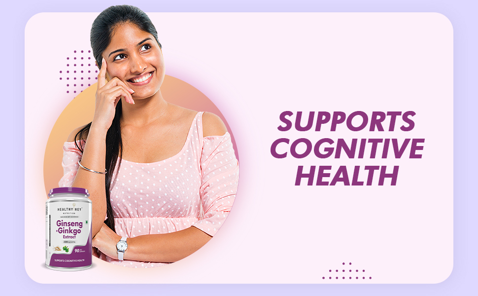 HealthyHey Ginseng + Ginkgo Biloba - Improves Memory & concentration- 90 Veg Capsules