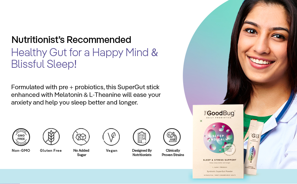 The Good Bug Sleep and Calm SuperGut Powder for Healthy Deep Sleep & Stress Relief | Melatonin |Pre & Probiotic Supplement for Men & Women | 4 Billion CFU of Clinically Proven Strains | 30 days Pack