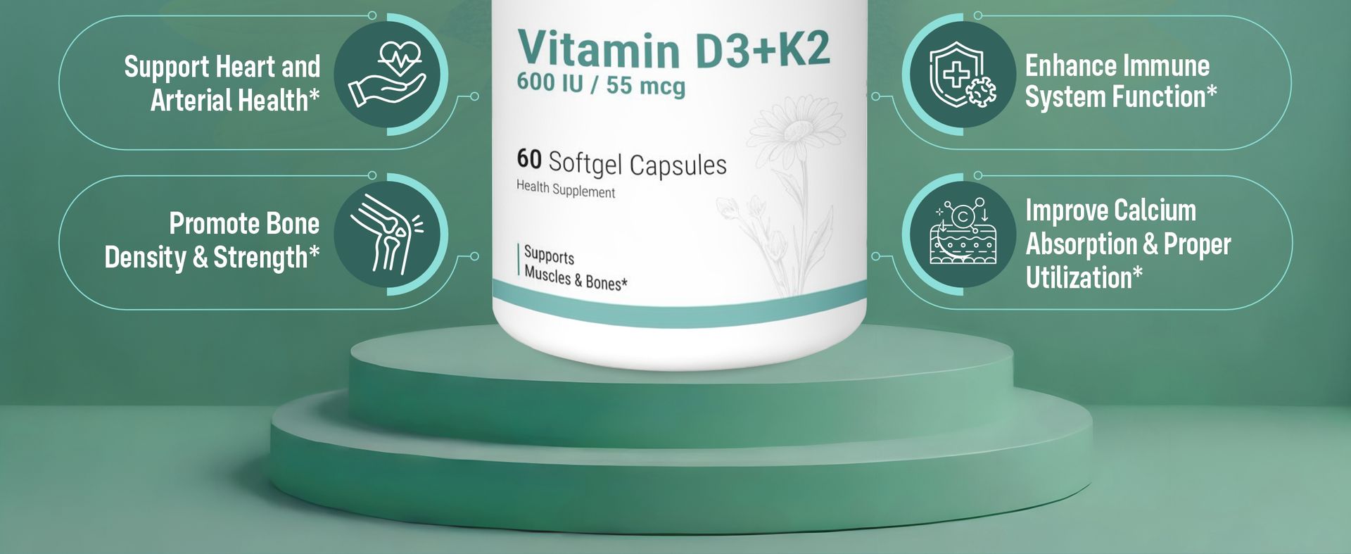 Sainebio Vitamin D3 K2 Supplement 600 IU D3 with 55 mcg K2 | Supports Strong Bones, Heart Health & Immunity | High Bioavailability Softgel Capsules | 60 Softgels