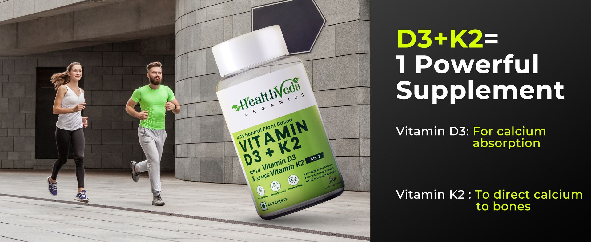 HEALTH VEDA ORGANICS PRIVATE LIMITED Vitamin D3 (600 IU) + Vitamin K2 as Mk7 (55Mcg) | 60 Veg Tablets | Supports Healthy Bones, Boosts Immune System | For Men & Women