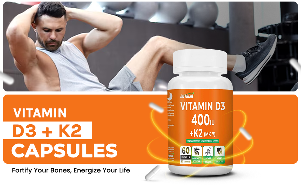 NutriJa Vitamin D3 + K2 as MK7 Supplement 60 capsules - Stronger Immunity, Supports Bones, Joints & Heart Health