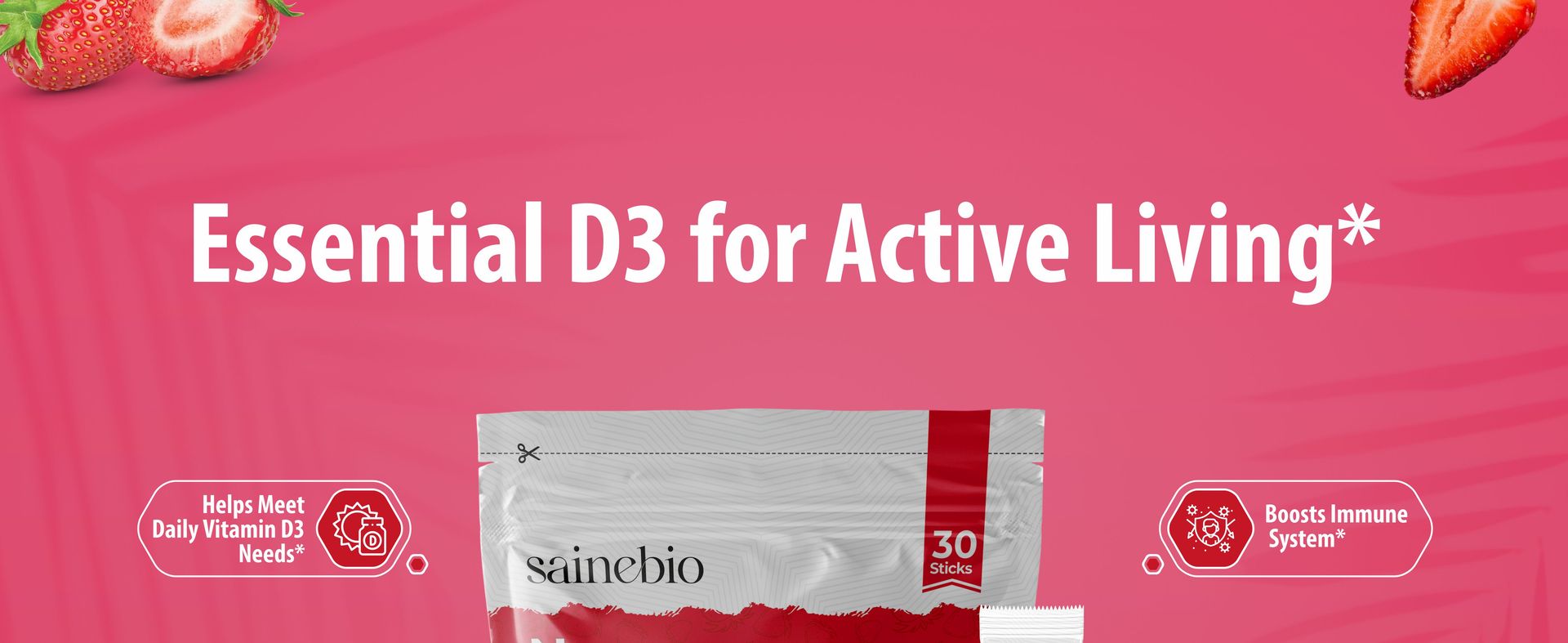 Sainebio Nano Vitamin D3 | 30 Sachets, 600 IU High Absorption | Supports Immunity, Bone Strength, Mood & Vitality | Travel-Friendly Daily Supplement (30 Sachets, Stawberry)