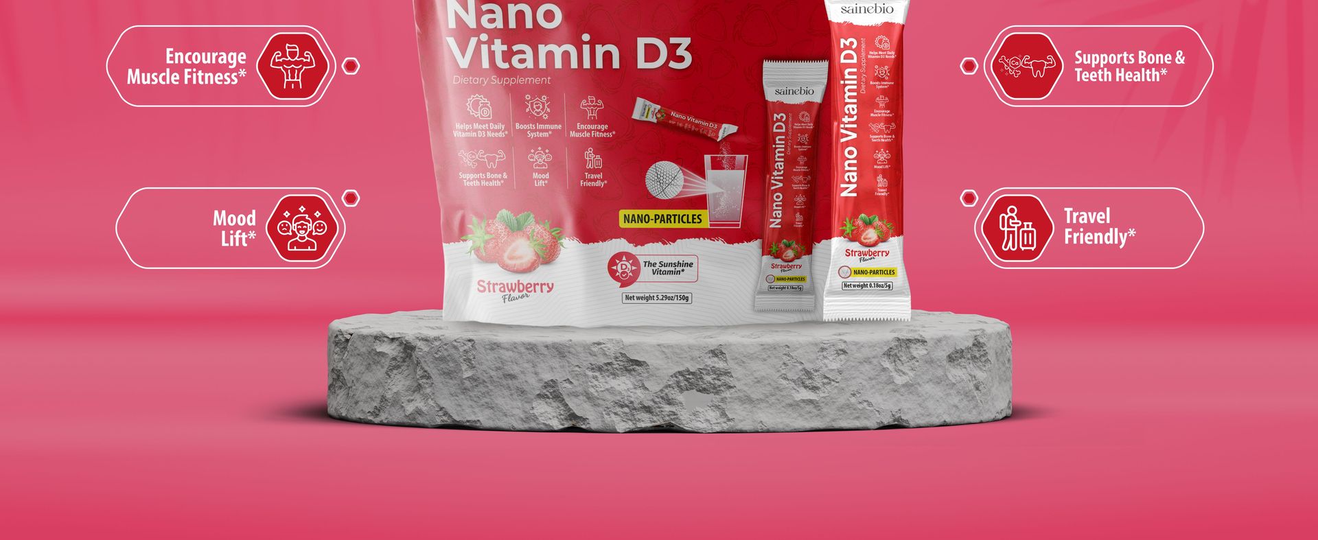 Sainebio Nano Vitamin D3 | 30 Sachets, 600 IU High Absorption | Supports Immunity, Bone Strength, Mood & Vitality | Travel-Friendly Daily Supplement (30 Sachets, Stawberry)