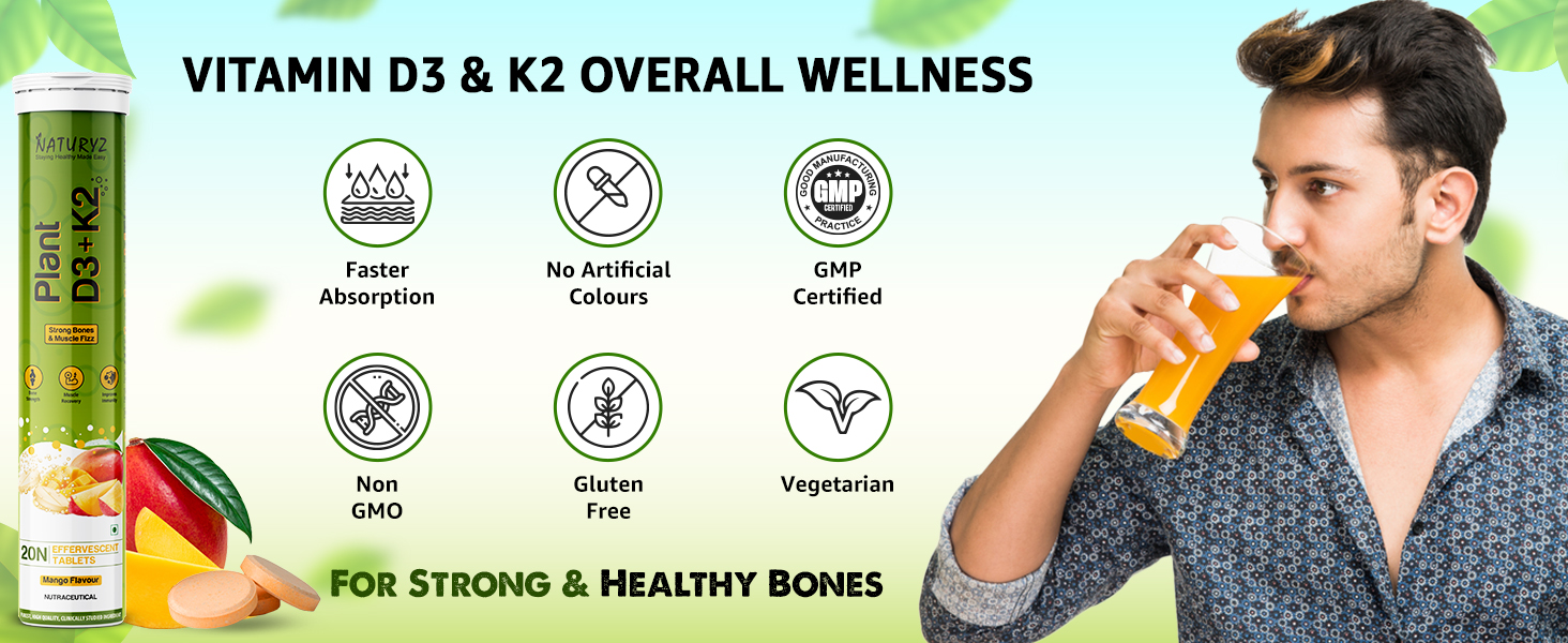 Naturyz 100% Plant Vitamin D3 K2 | Veg Vitamin D3 Supplement Lichen Source with Vitamin K2 MK7 Menaquinone | Supports Stronger Immunity | Bone & Heart Health for Men & Women (Mango Flavour)-20 Tablets
