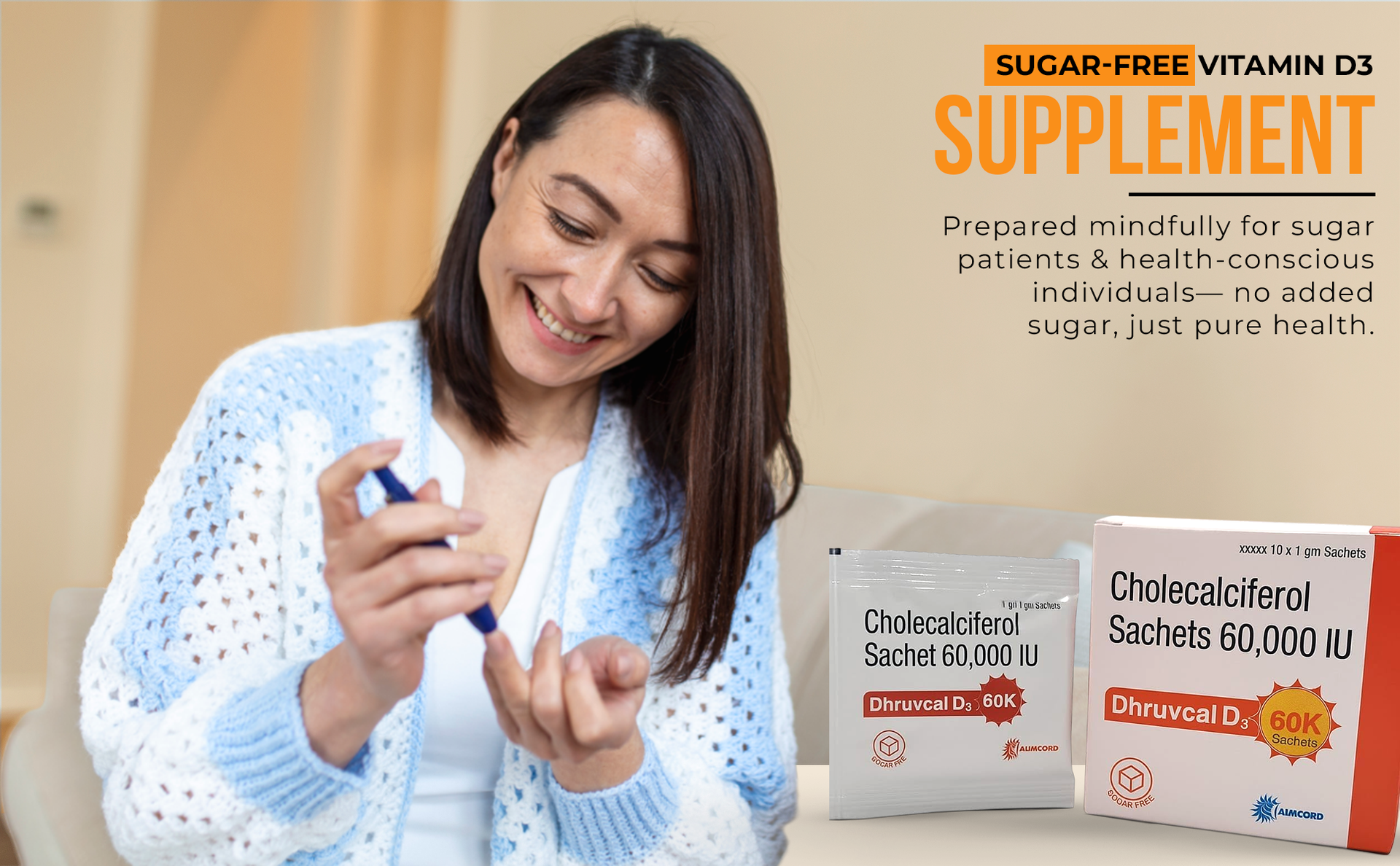 Dhruvcal D3 Vitamin D3 60000 IU Sachets - Cholecalciferol High Strength Supplement | Sugar-Free, Diabetic-Friendly | Supports Bone, Joint & Immunity Health | 10 Sachets x 1g, Once-Weekly Dose