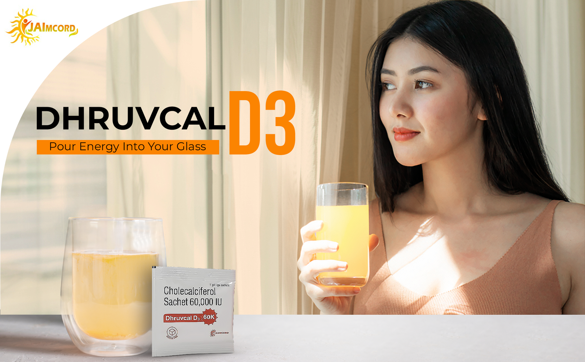 Dhruvcal D3 Vitamin D3 60000 IU Sachets - Cholecalciferol High Strength Supplement | Sugar-Free, Diabetic-Friendly | Supports Bone, Joint & Immunity Health | 10 Sachets x 1g, Once-Weekly Dose