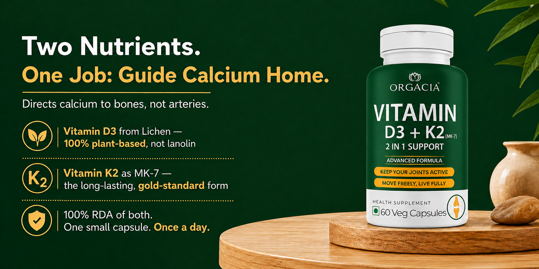 Vitamin D3 + K2 (MK-7) Supplement | Supports Bone, Heart & Immune Health | 600 IU Plant-Based Lichen Vitamin D3 + K2 | 100% Veg for Men & Women – 60 Capsules