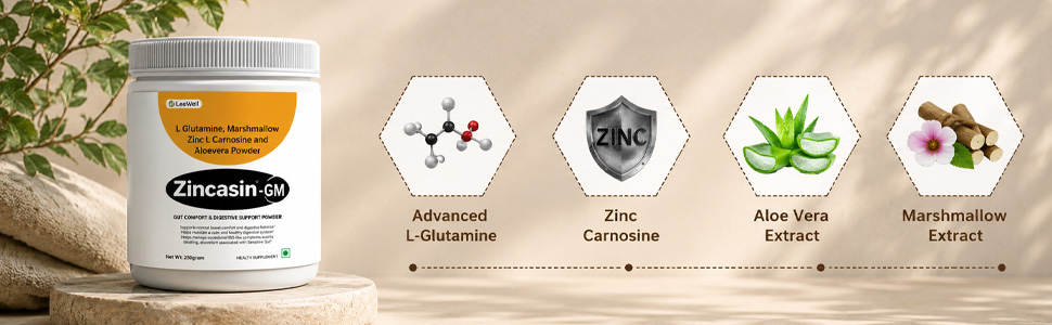 Zincasin -GM (LeeWell) L-GLUTAMINE Pure Powder for Gut health, Zinc carnosine, Aloe Vera, Marshmallow | Gut Lining Repair Support | Support Gut Permeability, Leaky Gut, Intestine Lining, Ulcer Health - 250g Powder