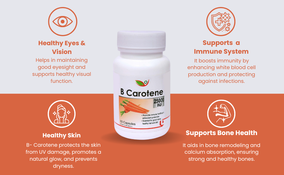 Biotrex Beta Carotene 25000IU - Essential for good vision, healthy hair and skin (60 Capsules), nutritional supplement, multivitamins, vitamin capsules, for men, women and adults, health supplements,