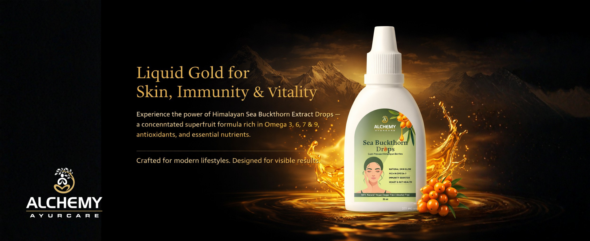 Sea Buckthorn Drops 30ml – Cold-Pressed Himalayan Wild Berry Extract | Rich in Omega 7 + Vitamin C | Natural Skin Glow, Hair Growth & Immunity Booster | Vegan, Sugar-Free, No Preservatives