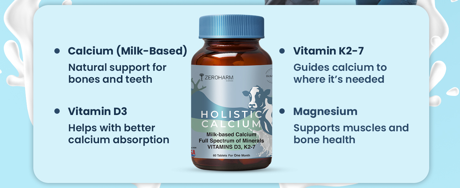 ZEROHARM Holistic Calcium Tablets – High Absorbption Milk-Based Calcium Supplement with Vitamin D3, K2-7, Magnesium, Phosphorous – Supports Bone Strength & Joint Health For Men & Women – 60 Tablets