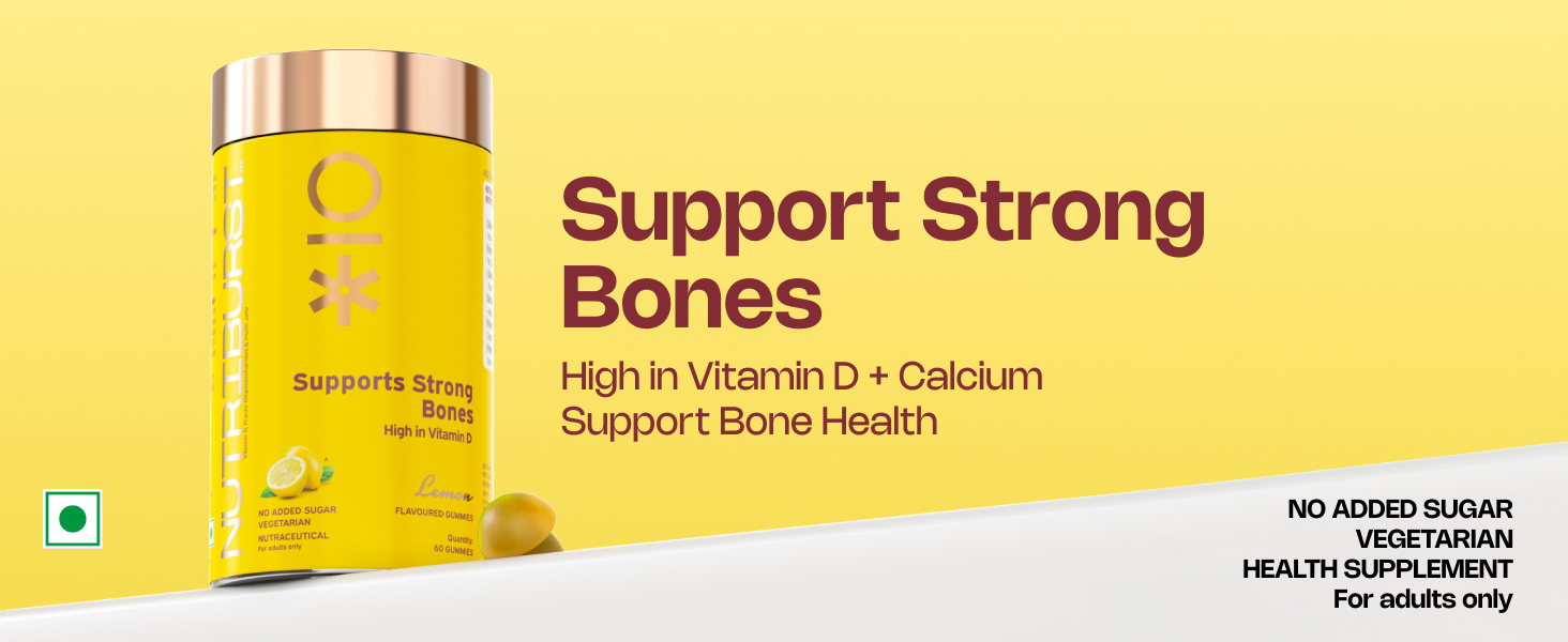 Nutriburst Supports Strong Bones Gummies with Calcium & Vitamin D to Boosts Immunity | No-AddedSugar | Lemon Flavor | 100% Vegetarian | 60 Gummy