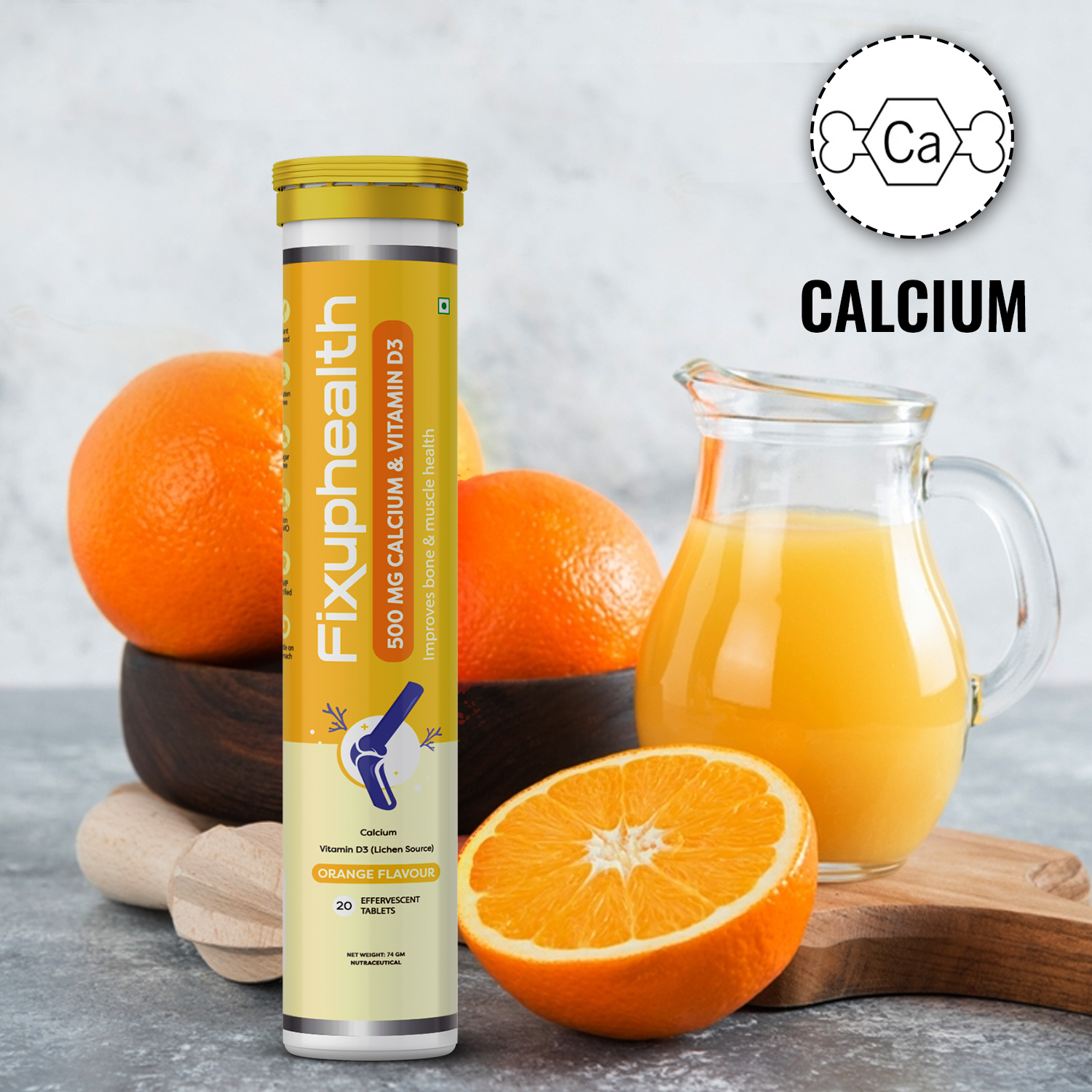 Fixuphealth Calcium and Vitamin D3 Tablets 500mg | Effervescent Calcium Supplement for Men & Women | Bone Health, Muscle Care & Strength Maintenance | Orange Flavour | 20 Tablets