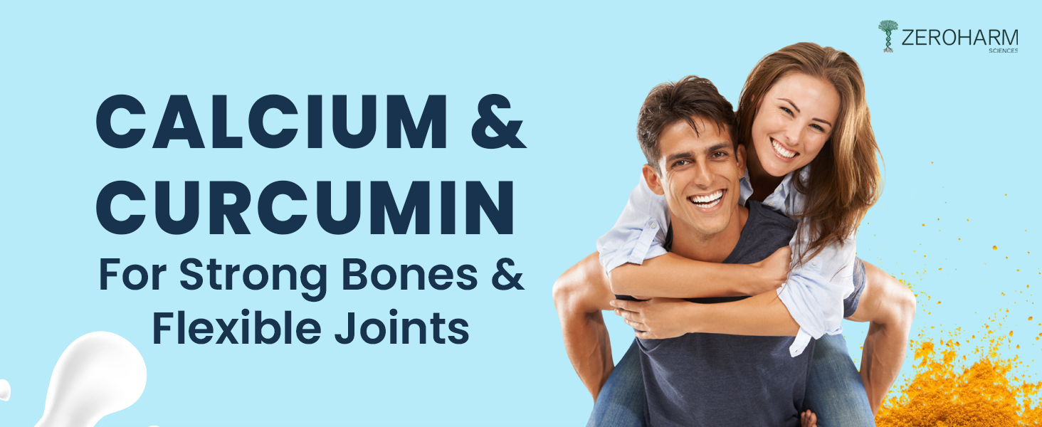 ZeroHarm Holistic Calcium + Curcumin - Milk Based Calcium With Magnesium, Vitamins D3, K2-7 - For Bone, Joint & Muscle Support - Plant-Based Herbal Supplement for Men and Women - 60 Tablets