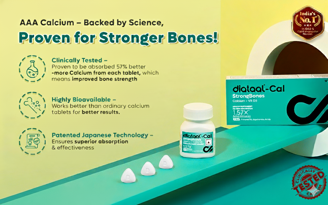 Diataal Calcium supplement for Men & Women | 57% Better Absorption | AAA Cal 500mg + D3 (400 IU) |Calci and Vitamin D3 Tablets | Strong bones & Joint Health|30 Tablets