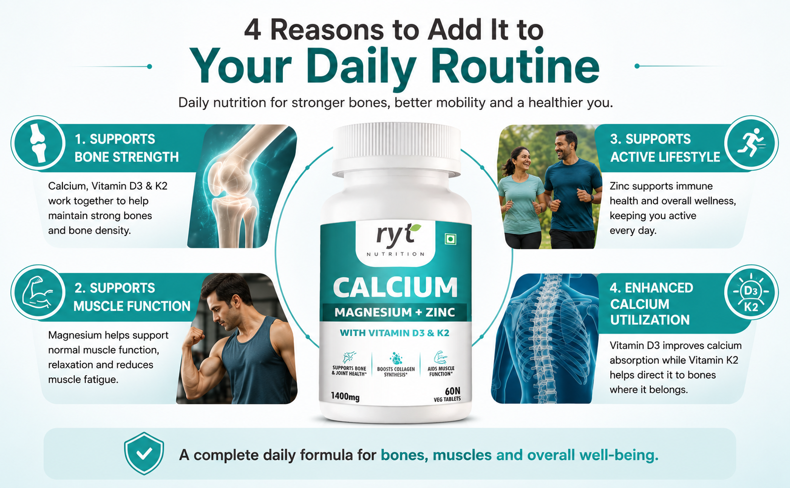 Calcium Tablets, With Magnesium Zinc & Vitamin D3 & K2 (1400mg) - 60 Veg Tablets | For Bone Health & Joint Support | Muscle Strength Supplement For Men & Women