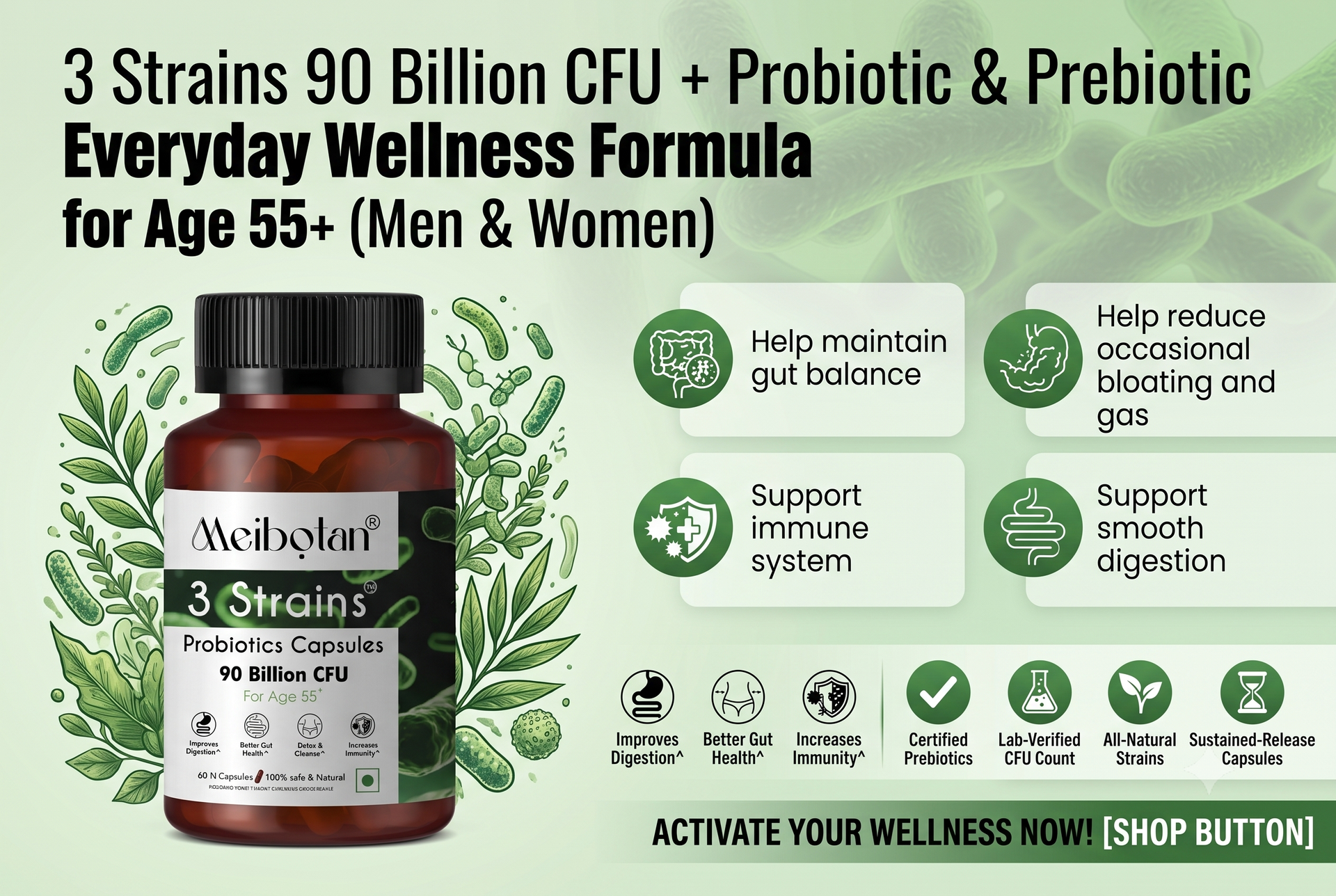 Best Probiotics Supplement 3 Strains with 90 Billion CFU For Men & Women with Prebiotics - Gut Support, Digestion, Immunity Support, Detox & Cleanse - 60 Vegetarian Capsules,Age 55+