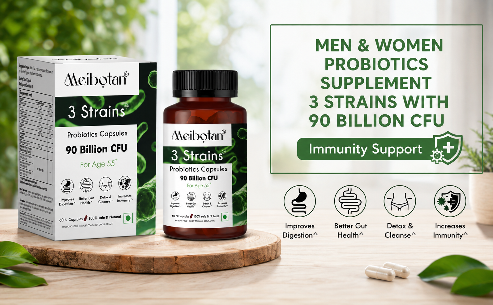 Best Probiotics Supplement 3 Strains with 90 Billion CFU For Men & Women with Prebiotics - Gut Support, Digestion, Immunity Support, Detox & Cleanse - 60 Vegetarian Capsules,Age 55+