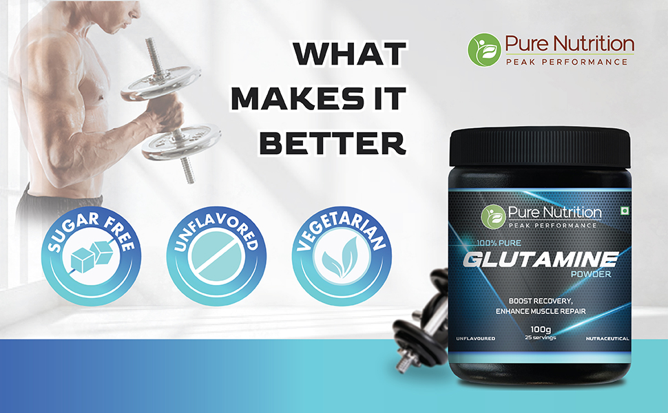 Pure nutrition Glutamine Powder 100g | Post Workout Supplement Amino Acid for Muscle Growth & Recovery | Unflavoured | 25mg serving